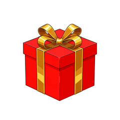 Illustration of a red gift box with a gold ribbon and bow on top against a white background.