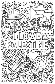 I Love Palestine hand drawn vector illustration doodle art line art coloring page for kids