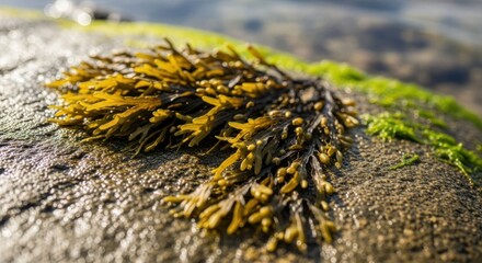 Close-up of seaweed and algae on a wet rock surface