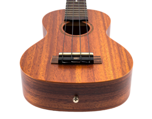 A close-up, focused view of a small, brown, wooden ukulele against a black background, highlighting its texture