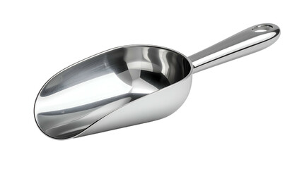 A shiny, stainless steel scoop with a curved bowl, handle with hanging hole on black background