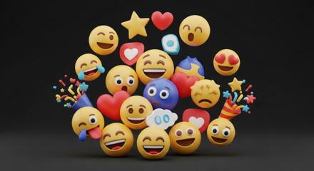 Colorful, 3D rendered collection of emoji symbols floating on black background