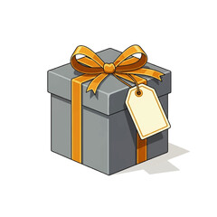 Gray gift box with orange ribbon and tag on a white background, illustrated in a flat, 3D style with a subtle shadow.
