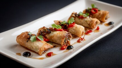 Chinese spring rolls styled with Italian modern plating, overhead minimal