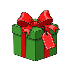A green gift box with a red ribbon and bow on a white background, featuring a red gift tag.