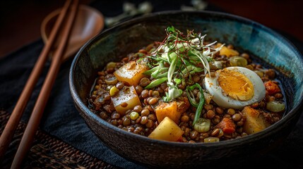 Ethiopian lentil stew plated in Japanese donburi bowl, dark moody tones