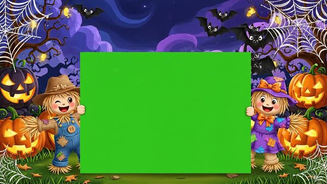 Cartoon Halloween Background with Scarecrows, Pumpkins, Bats, and Green Screen Frame