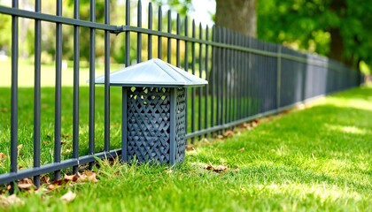 Dark gray metal fence with decorative light post in a grassy area