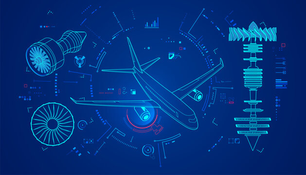 concept of aerospace engineering, graphic of lined airplane with jet engine and mechanic interface