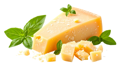 A wedge of aged, crumbly yellow dairy product with fresh green herb sprigs