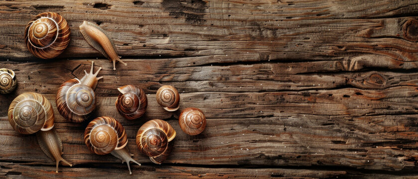 Small snails on an old tree, creating an atmosphere of nature and slow pace of life, suitable for design of environmental projects, nature blogs and educational materials.
