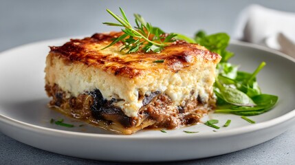 Greek moussaka plated in minimalist Nordic style, clean modern shot