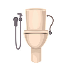 A toilet with a hygienic shower on a white background. Cartoon-style toilet.