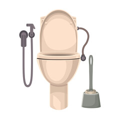 A toilet with a hygienic shower and toilet brush on a white background. Cartoon-style toilet.