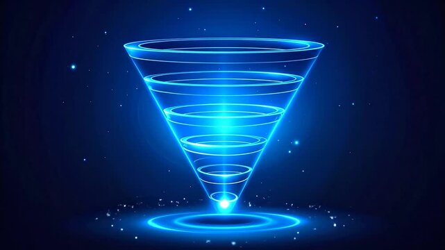Futuristic glowing blue funnel diagram illustrating data processing, information flow, and technological filtration concepts in a digital abstract background