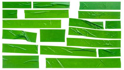 Obraz premium Green rectangles, overlapping and taped, arranged in a brick-like design with varying shades