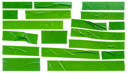 Green rectangles, overlapping and taped, arranged in a brick-like design with varying shades