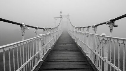 Obraz premium Bridge with a foggy sky in the background. The bridge is made of metal and wood