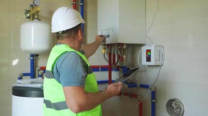 Rear view of gas equipment maintenance specialist. Engineer checks boiler, pipes, and pressure gauges. Plumber starts up the heating system and adapts the air temperature and water pressure sensors.