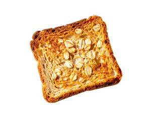 Overhead shot of a browned oat-topped toast on a black backdrop, showing its crispness and golden hue