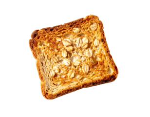 Overhead shot of a browned oat-topped toast on a black backdrop, showing its crispness and golden hue