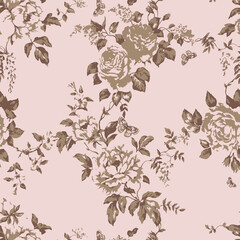 Seamless floral pattern, classic flower ornament, abstract ditsy print in vintage motif. Elegant botanical design of beautiful large wild flowers, leaves, small branches, herbs. Vector illustration.	
