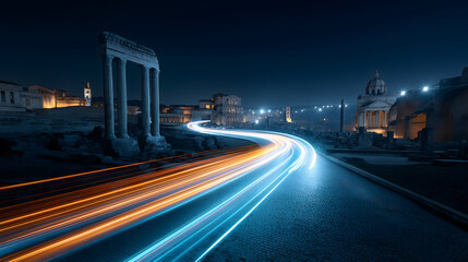 Obraz premium Data stream light trails: Light trails flow through ancient ruins creating mesmerizing scene, serene beauty and peaceful atmosphere