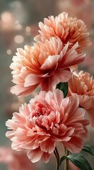 Close-up of three pink flowers with green leaves, arranged in a way that they are almost touching each other