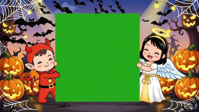 Cute Halloween Green Screen Frame with Angel and Devil Cartoon Characters, Spooky Pumpkins, and Flying Bats for Festive Children's Videos
