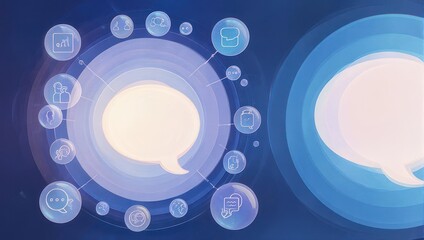 Abstract graphic with interconnected bubbles and icons, centered on a large speech bubble