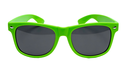A frontal, eye-level shot of bright green, square sunglasses against a black backdrop