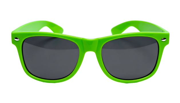 A frontal, eye-level shot of bright green, square sunglasses against a black backdrop