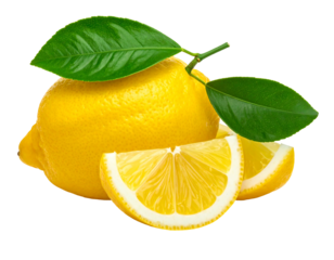 Bright, yellow lemon with slices and leaves, set against a stark black background, for a fresh, citrusy vibe