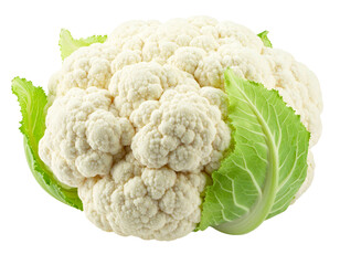 A creamy white cauliflower head with vibrant green leaves is set on a clean black background
