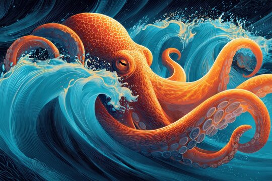 Vividly illustrated cephalopod emerges dynamically from turbulent ocean waves