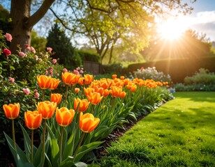 Beautiful garden in spring sunlight