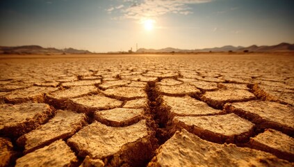 Fototapeta premium Desolate desert landscape with a sun in the sky. The sun is setting, casting a warm glow over the barren land