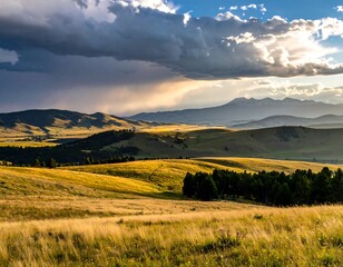 Golden hills under stormy sky