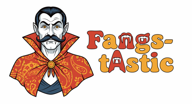 Spooky vampire with fangs and cape proudly presents a 'Fangs-tastic' Halloween message with retro typography and playful fangs