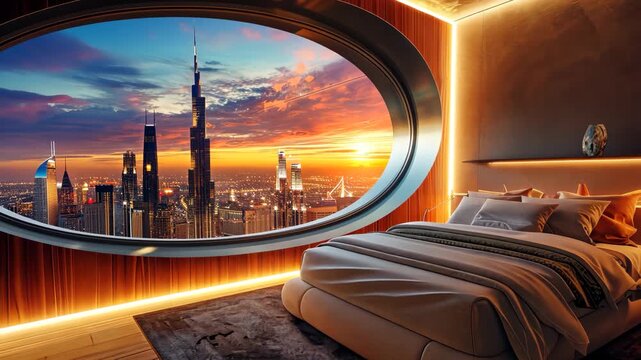 Modern Designer Bedroom Overlooking Stunning Urban Sunset