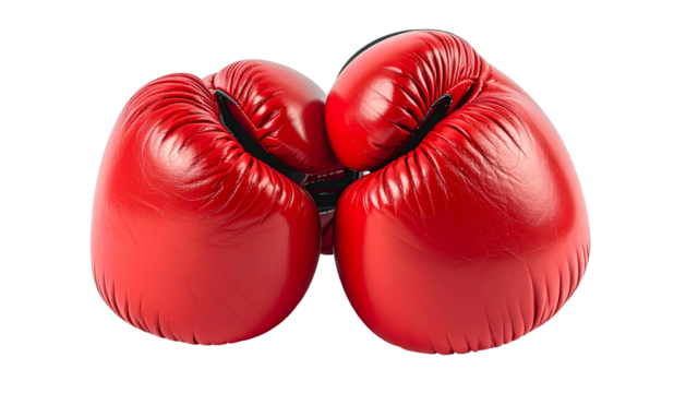 Two vivid red leather boxing gloves, seen from the front, sit close