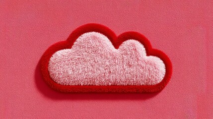 Fototapeta premium Fluffy pink cloud with a red border. The cloud is embroidered on a red background. The cloud is pink and fuzzy