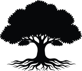 tree with wide canopy and exposed roots spreading outward silhouette