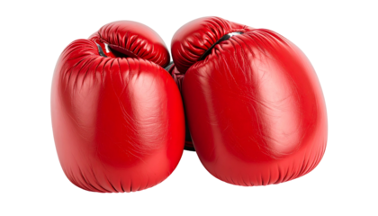 Two vibrant red boxing gloves, posed close together against a transparent background