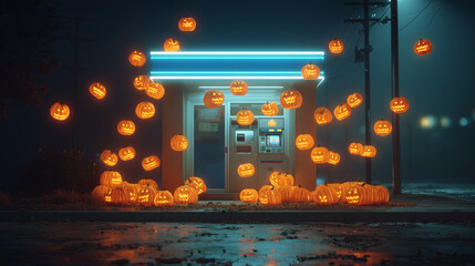 Flying Halloween pumpkins glowing around ATM machine at night