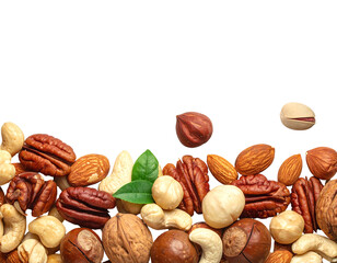 A diverse collection of nuts, displayed against a dark background, creating a healthy and colorful border