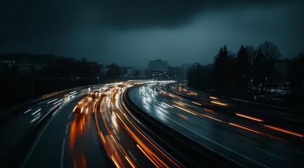 Highway with cars driving down it in the rain. The lights of the cars are reflected in the wet road
