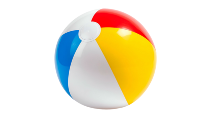 Vivid, colorful beach ball with white, red, blue, and yellow panels against a stark black background
