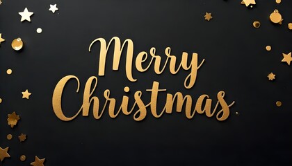 Merry Christmas" in gold script on a black background with scattered gold stars.