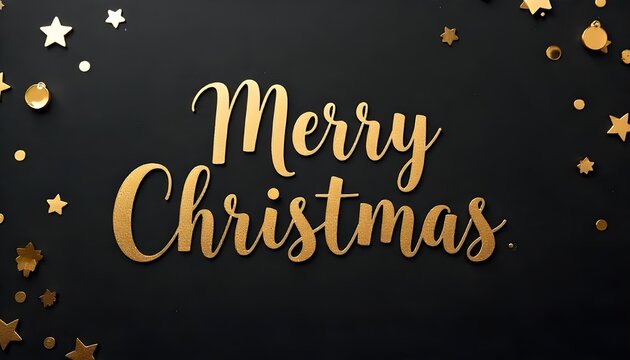 Merry Christmas" in gold script on a black background with scattered gold stars.